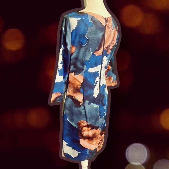 NWOT Vince Camuto Blue & Copper Abstract Watercolor Print Pleated Shift Dress 8 - Picture 7 of 15